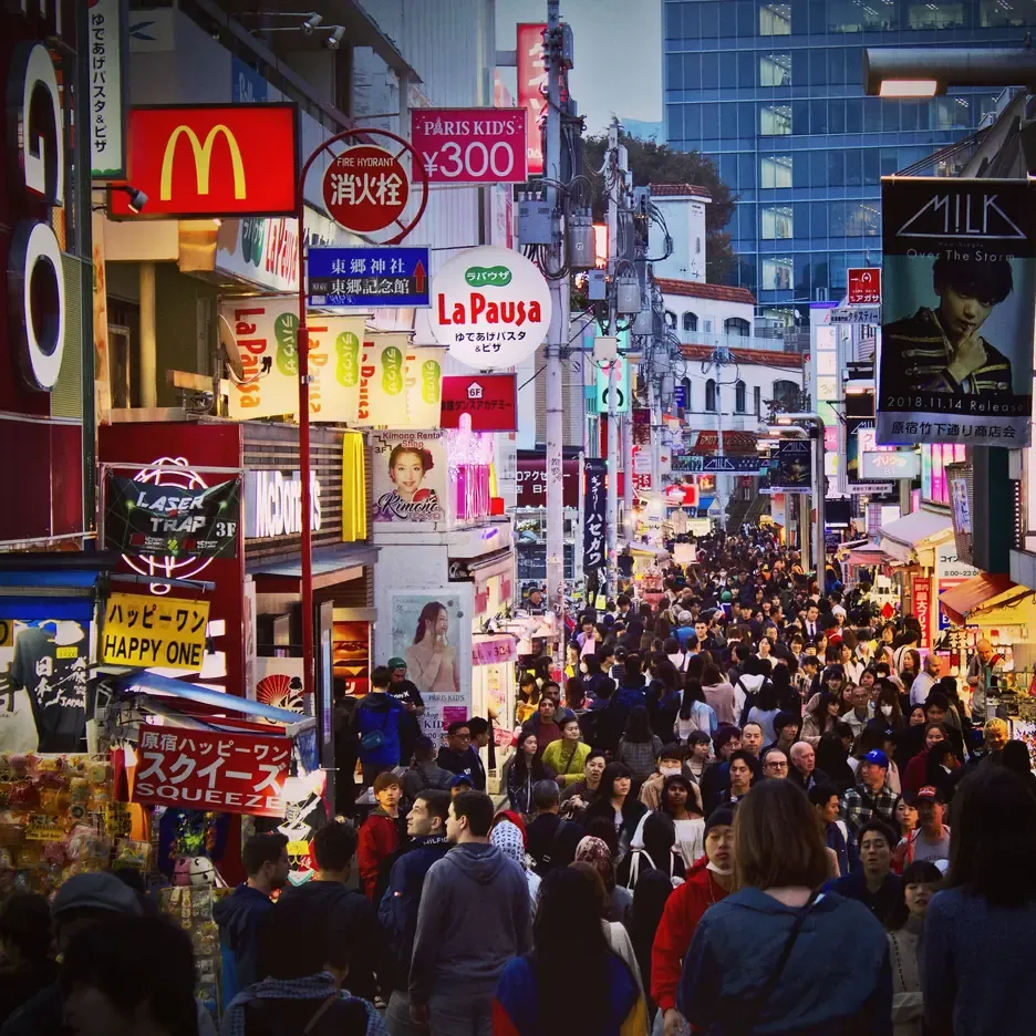 Crowds on the busy Takeshita Street in Harajuku, Tokyo