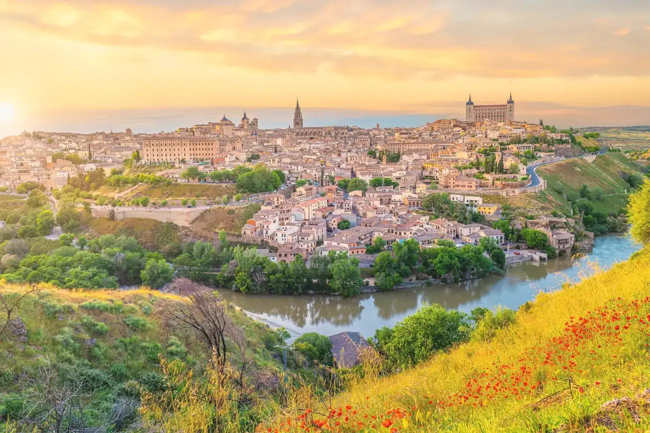 Aerial view of Toledo's skyline within a bend of the Tagus River, Spain