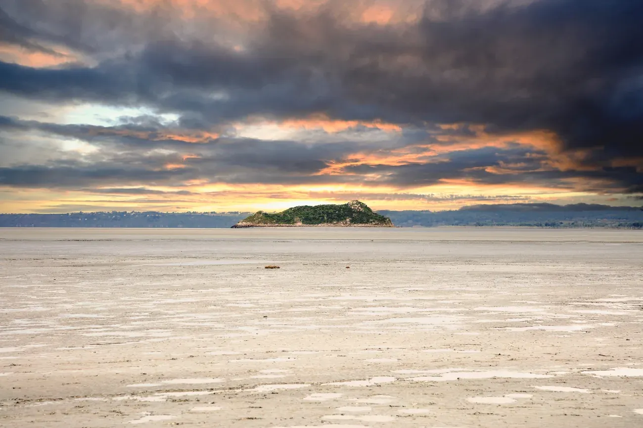 The rocky islet of Tombelaine standing alone in the bay of Mont-Saint-Michel at low tide, Normandy