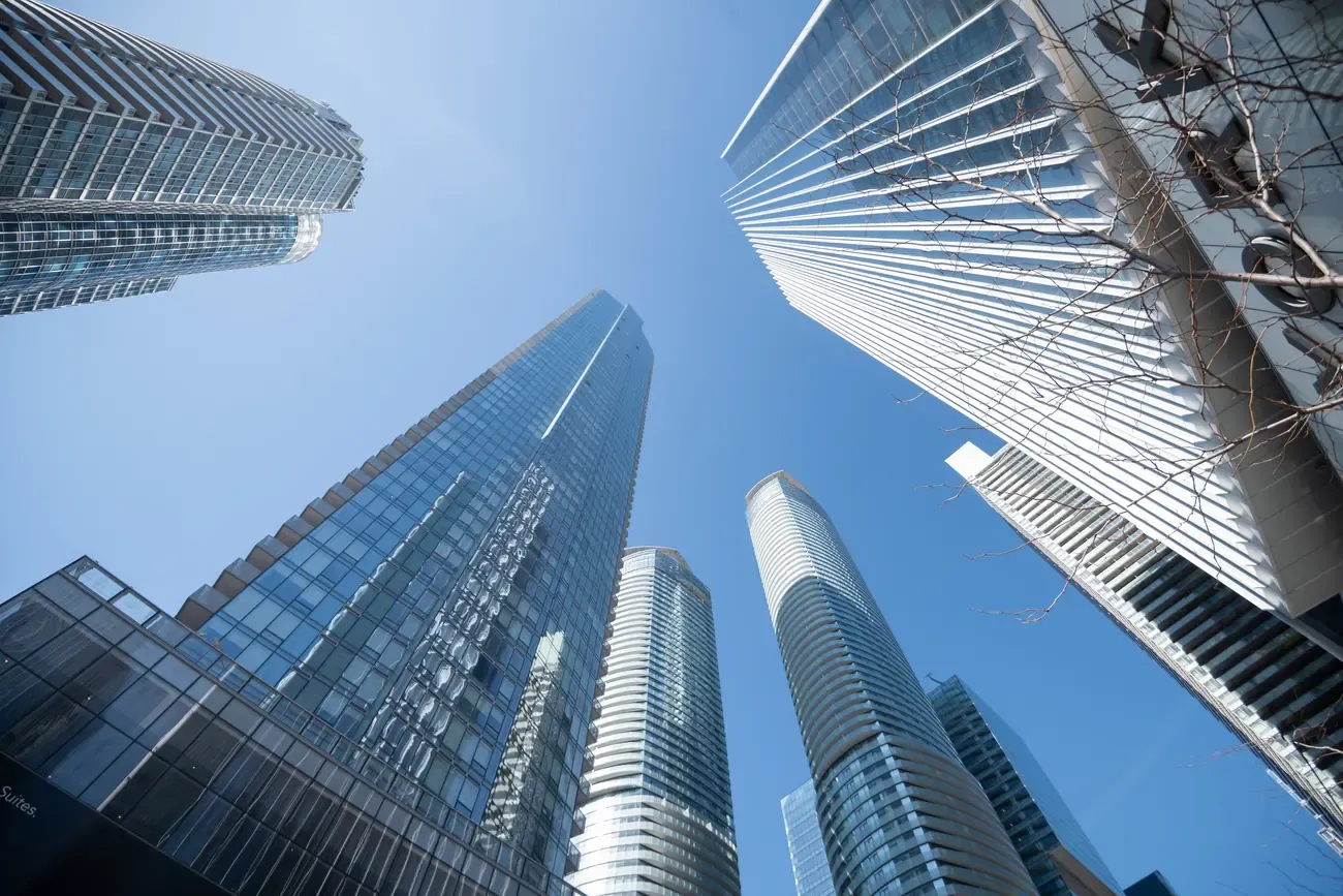 Glass towers of downtown Toronto seen looking straight up from street level