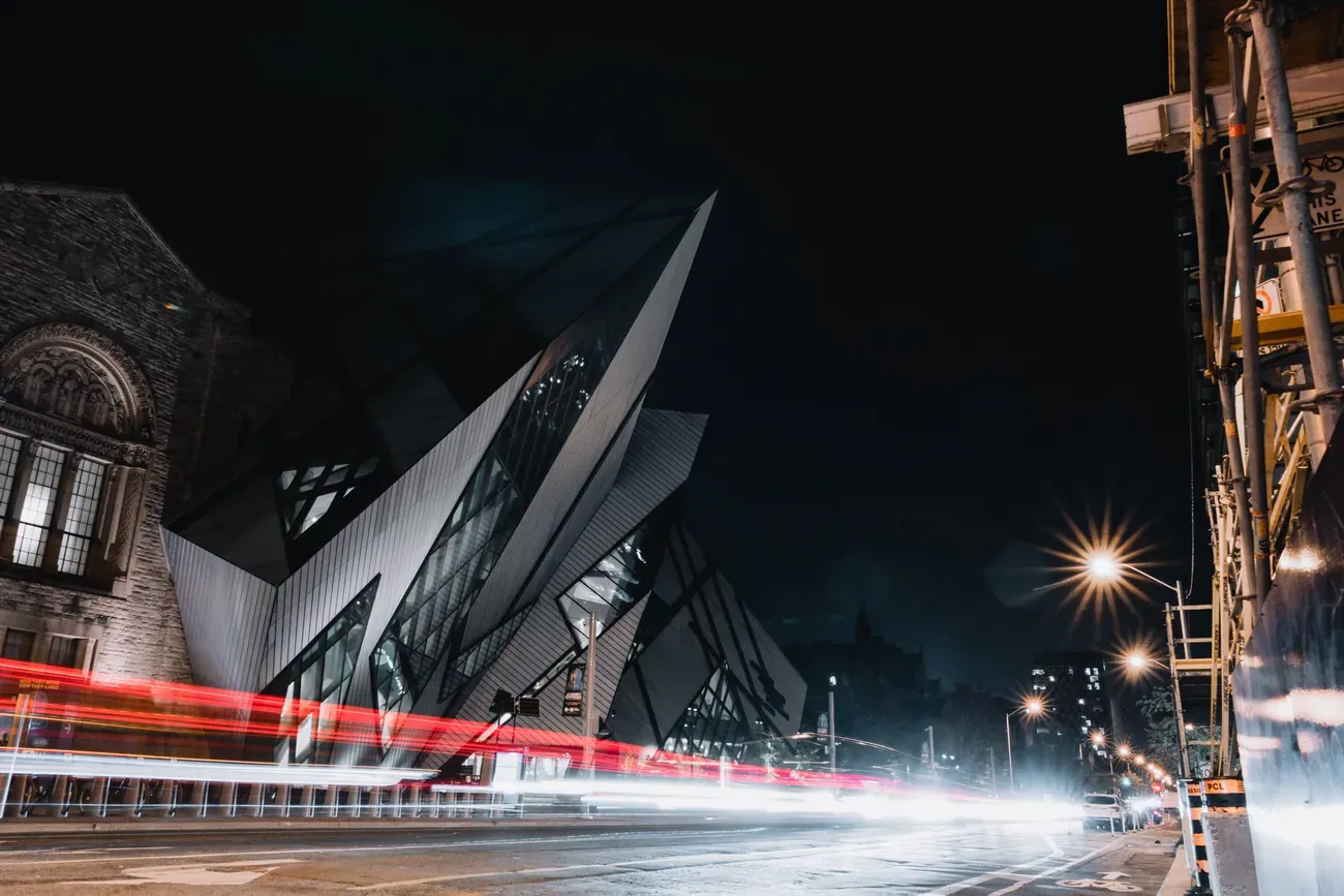 The angular Michael Lee-Chin Crystal of the Royal Ontario Museum in Toronto at night
