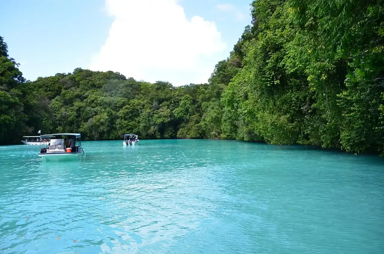 Tour boats moored in the Rock Islands Southern Lagoon, Palau