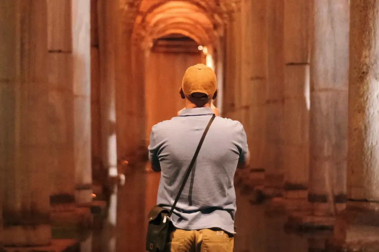 Tourist inside the Basilica Cistern