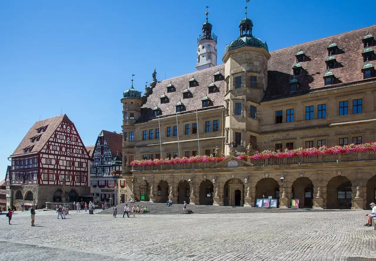 The town hall and its arcades on the market square of Rothenburg ob der Tauber