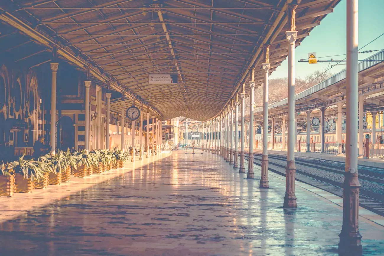 Sunlit view of the historic Sirkeci train station platform in Istanbul