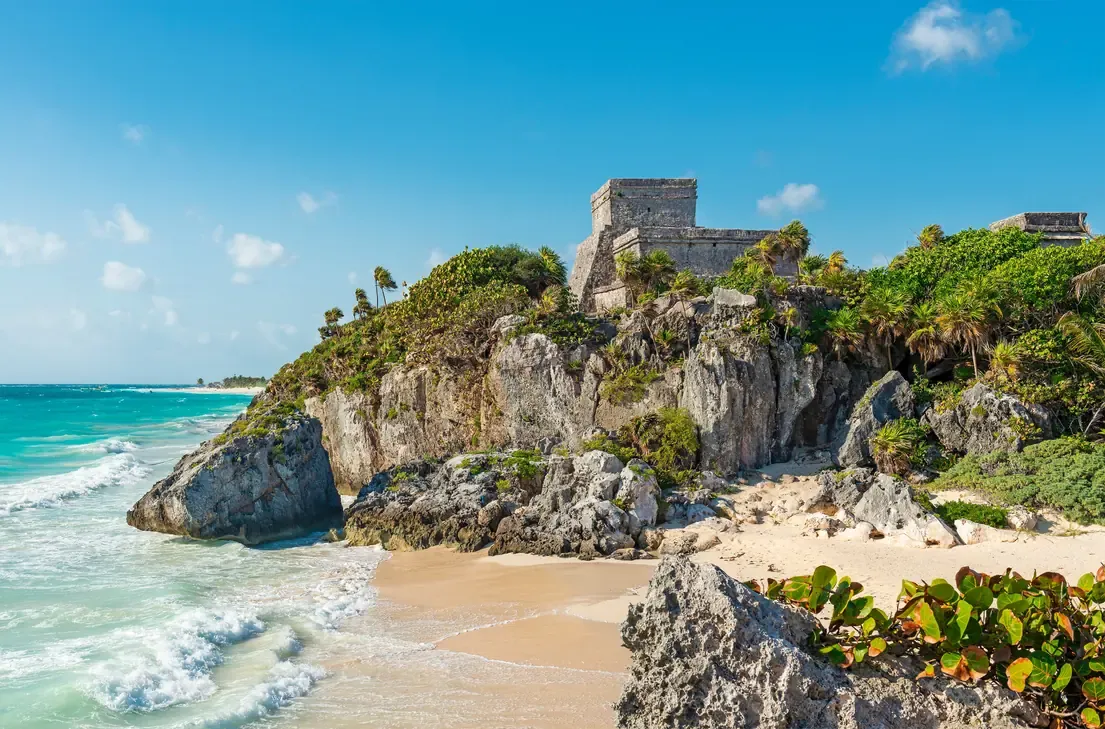 Tulum beach with Maya ruins above the Caribbean Sea