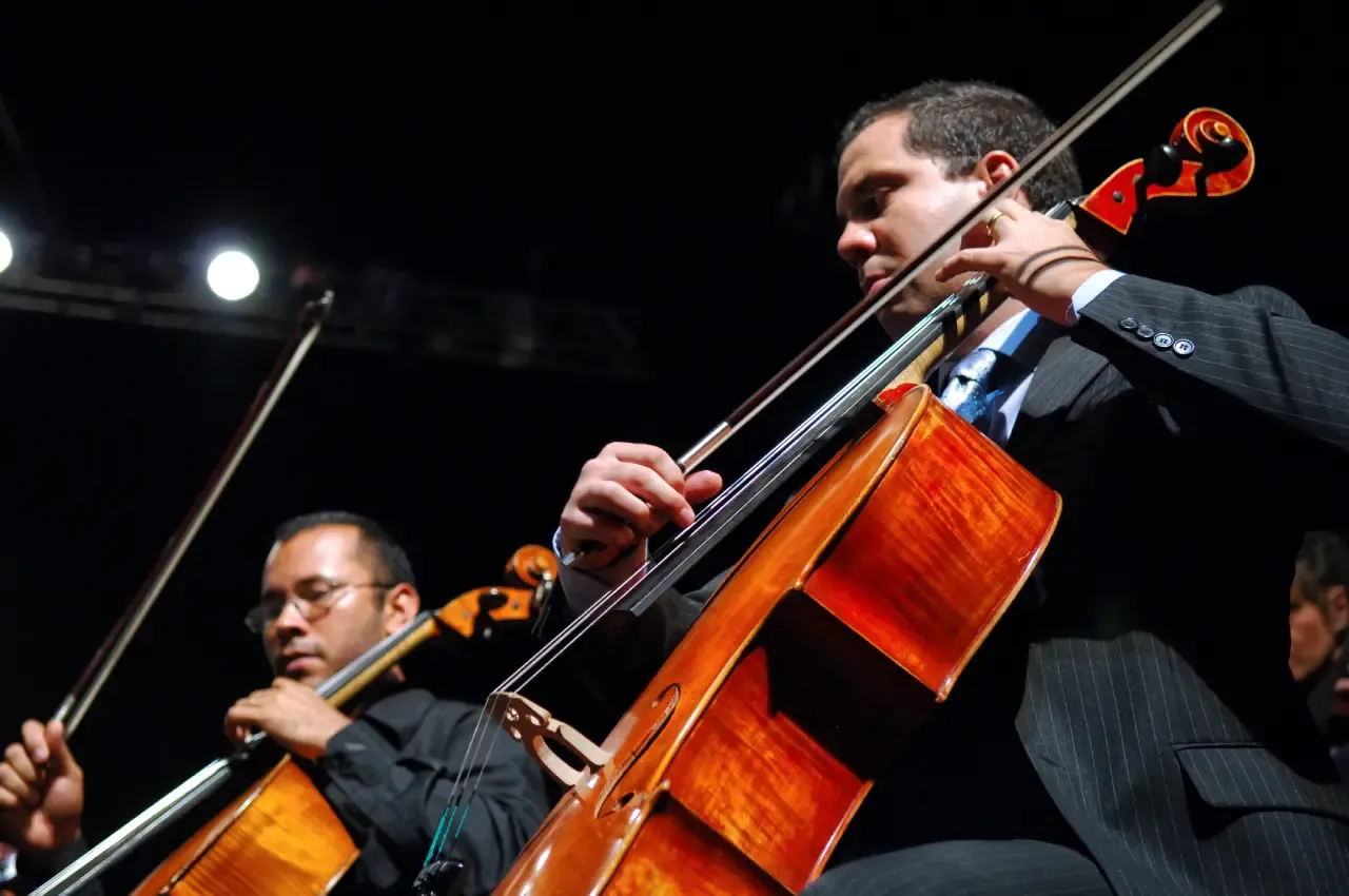 Two musicians playing the cello in an orchestra
