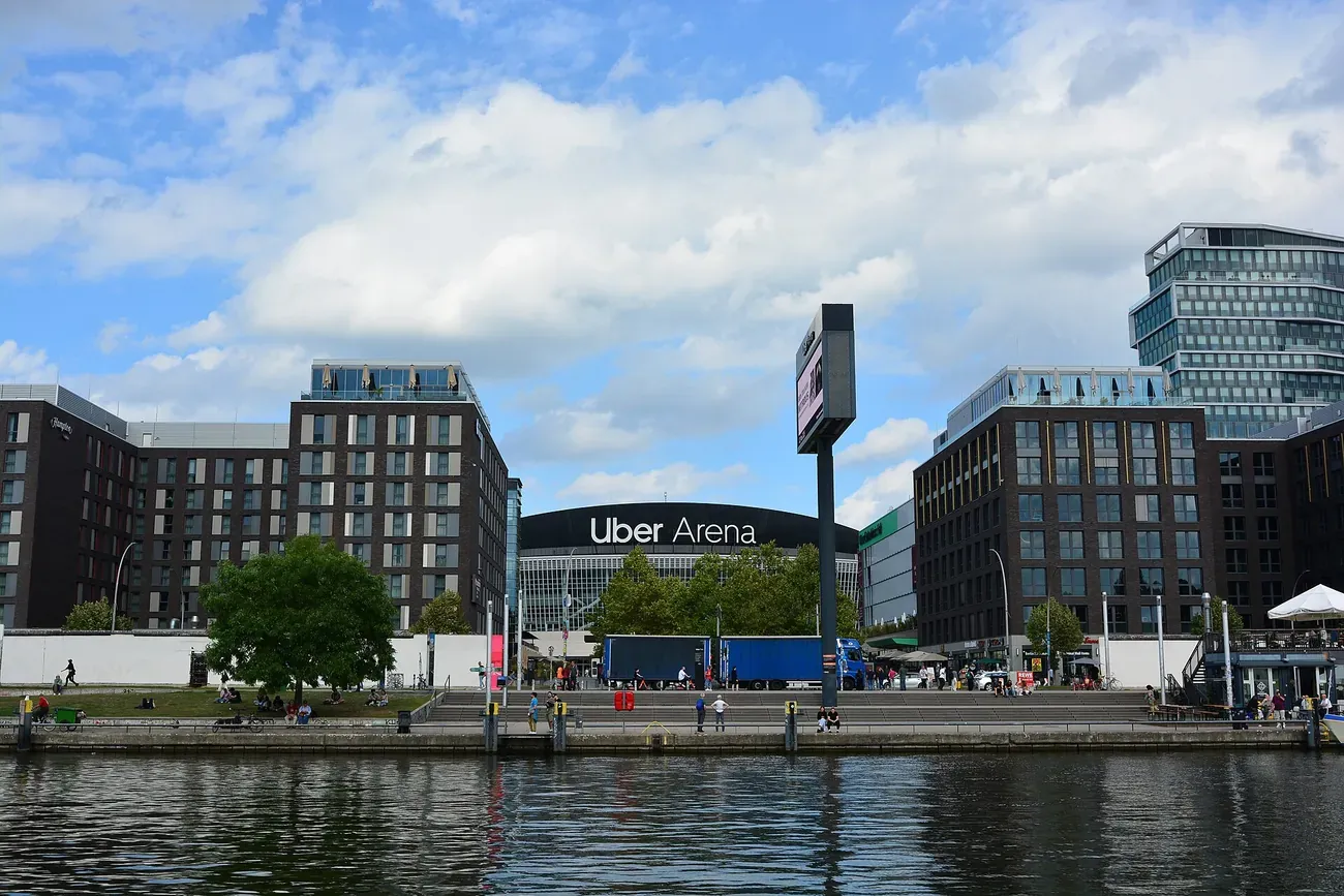 Uber Platz and the Uber Arena seen from the Spree, Friedrichshain, Berlin