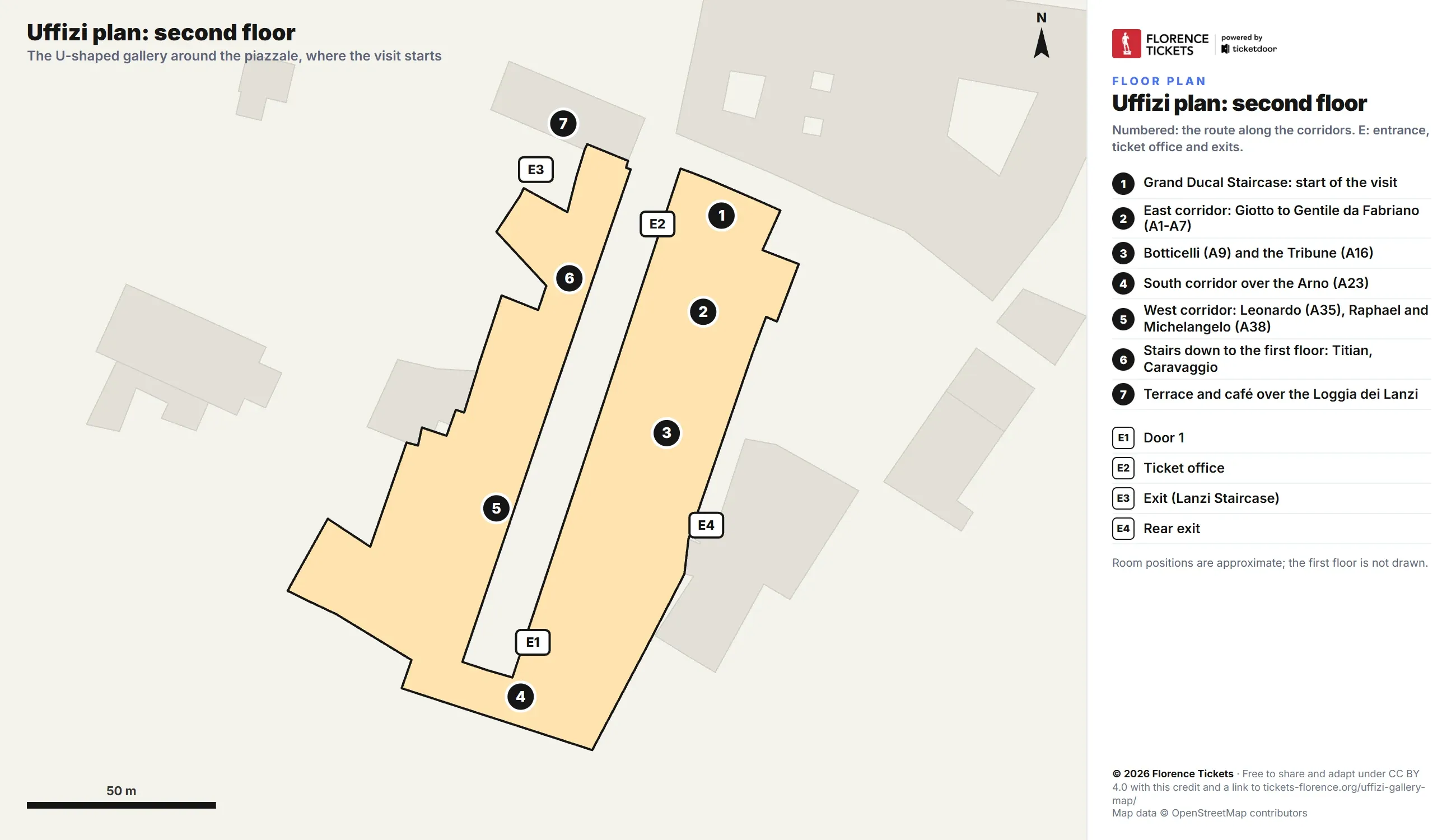 Floor plan of the Uffizi Gallery, second floor