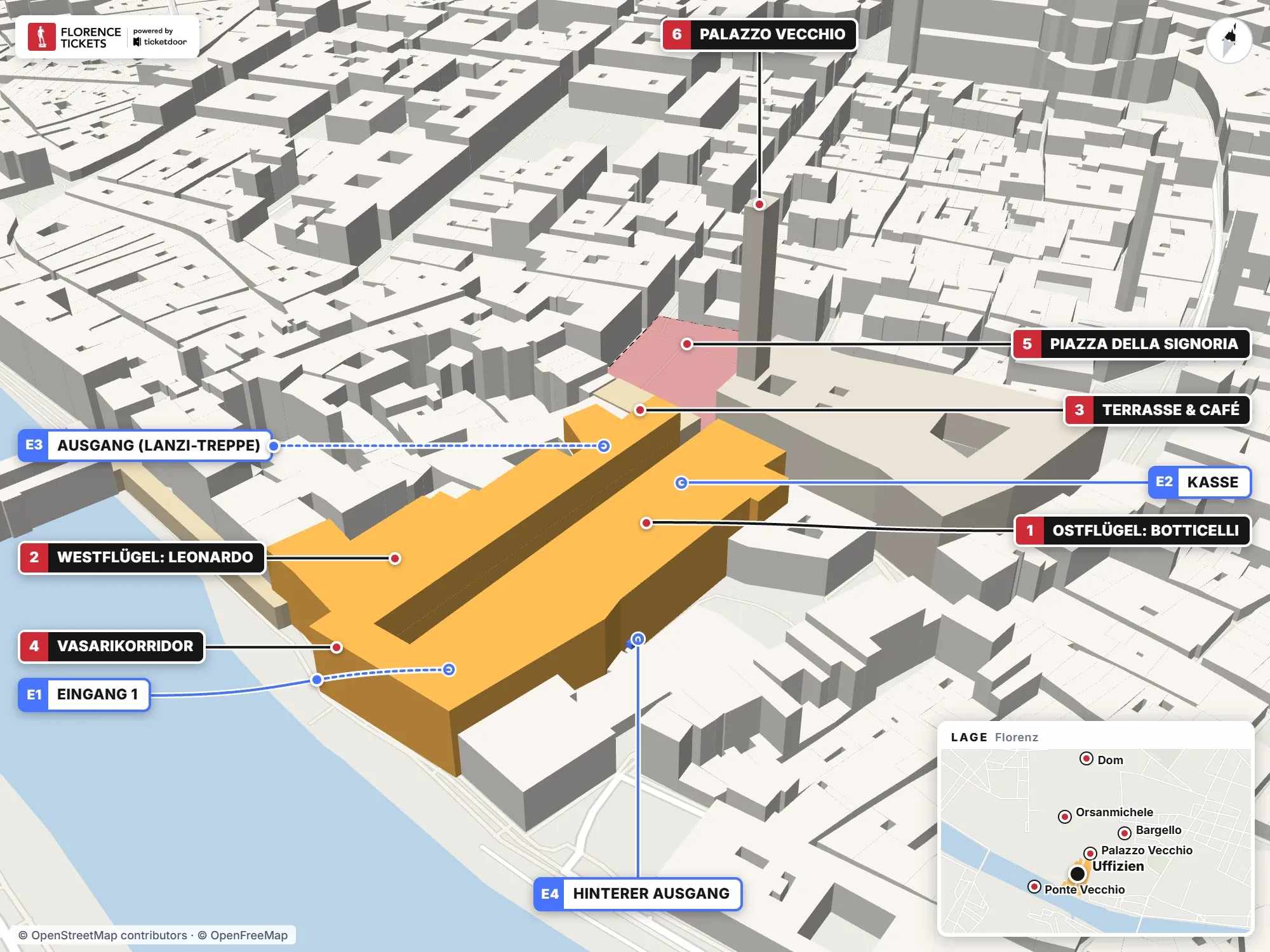 3D-Plan der Uffizien in Florenz mit nummerierten Eingängen und Sehenswürdigkeiten