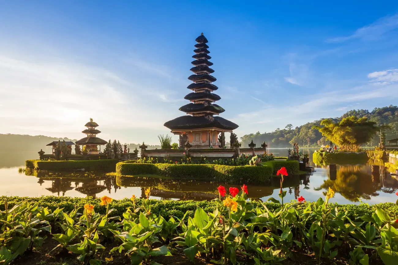 The Ulun Danu Beratan temple on the lake at sunrise in Bali