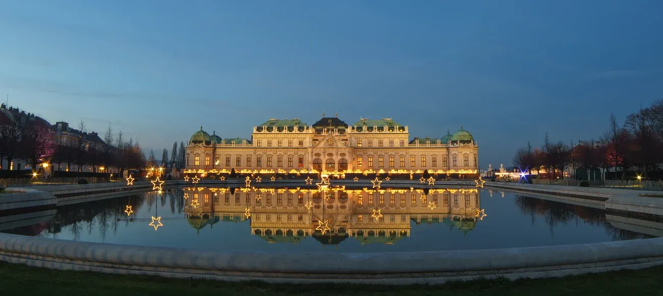 Upper Belvedere palace reflected in its pond at Christmas time, Vienna