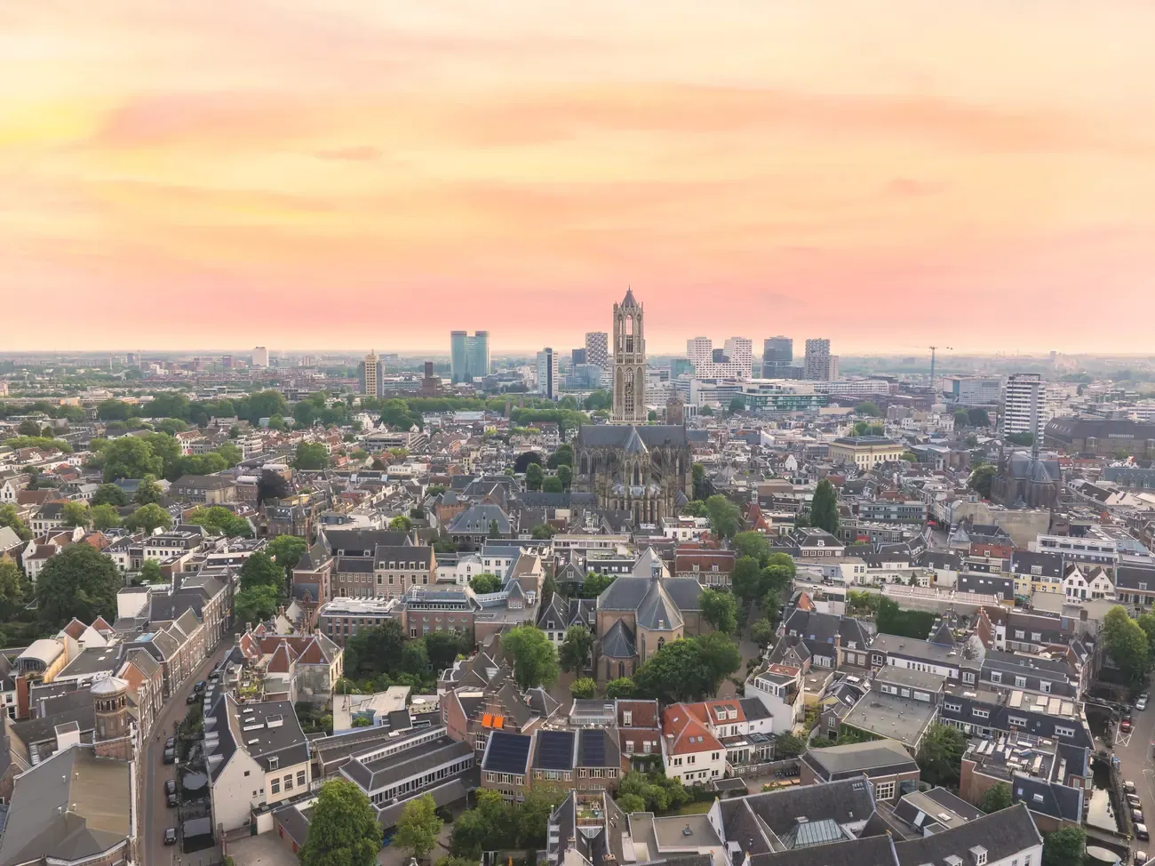Aerial view of Utrecht's skyline and Dom Tower at sunset, Netherlands