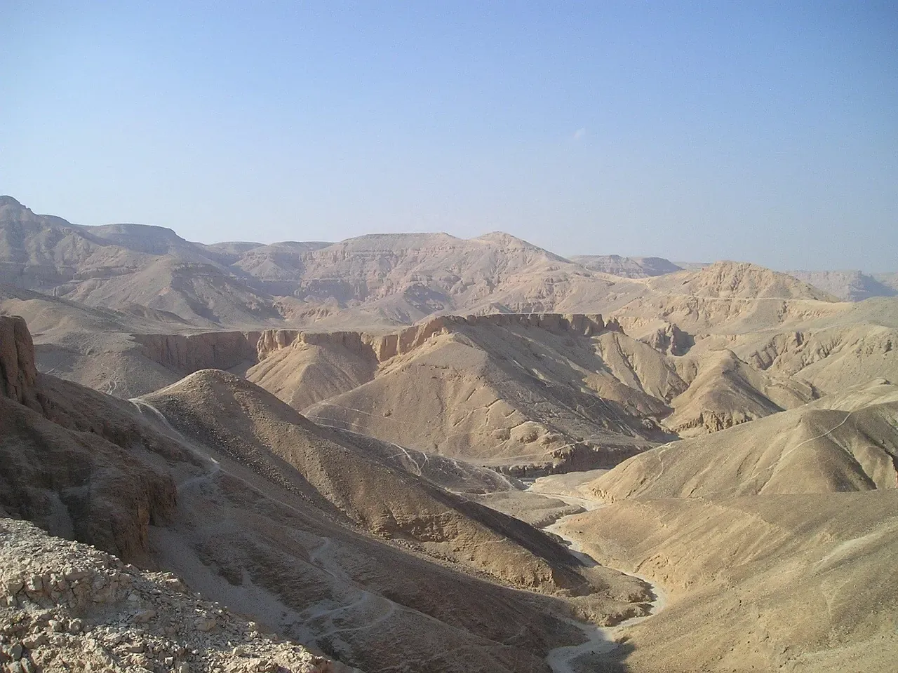 The dry valley and tomb entrances of the Valley of the Kings on the west bank at Luxor