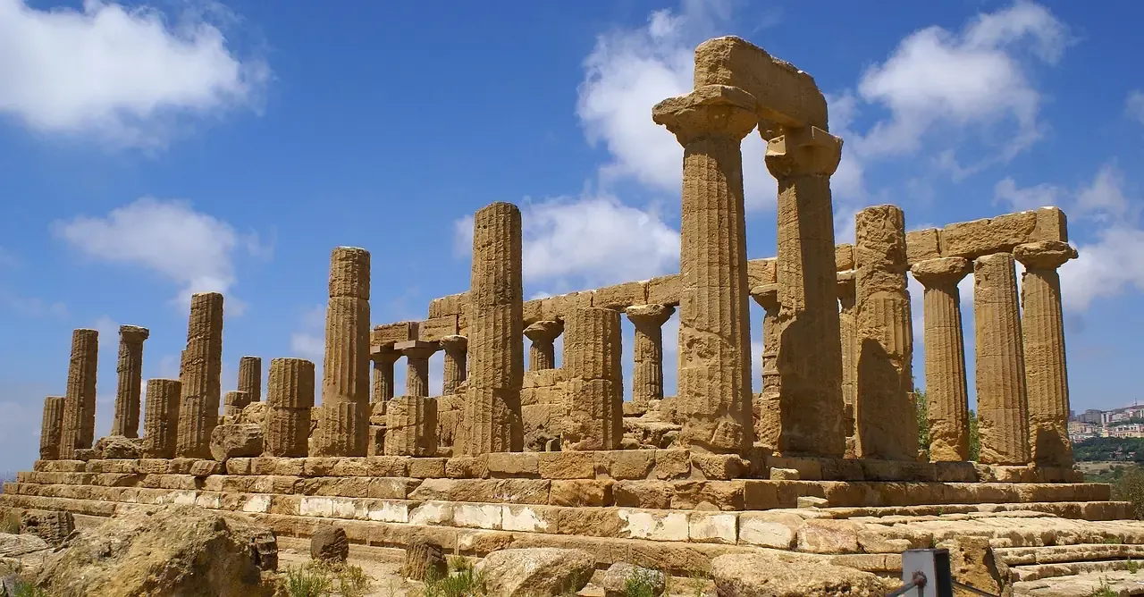The Doric columns of the Temple of Juno on the ridge of the Valley of the Temples in Agrigento, Sicily