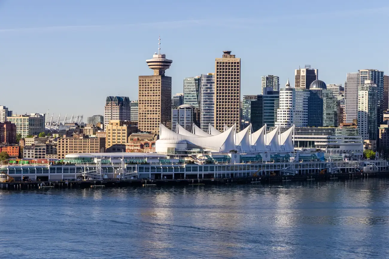 The waterfront skyline and Canada Place sails in downtown Vancouver