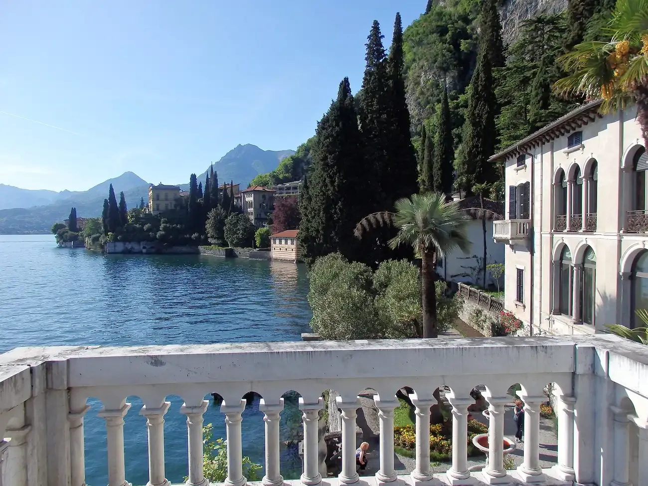 The balustraded lakeside terrace and cypresses of Villa Monastero in Varenna on Lake Como
