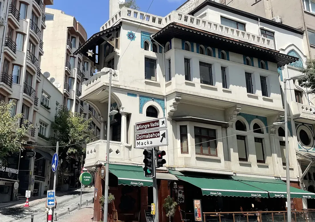 The Vedat Tek House on Vali Konagi Street in Nisantasi, Istanbul, with turquoise tilework and bay windows