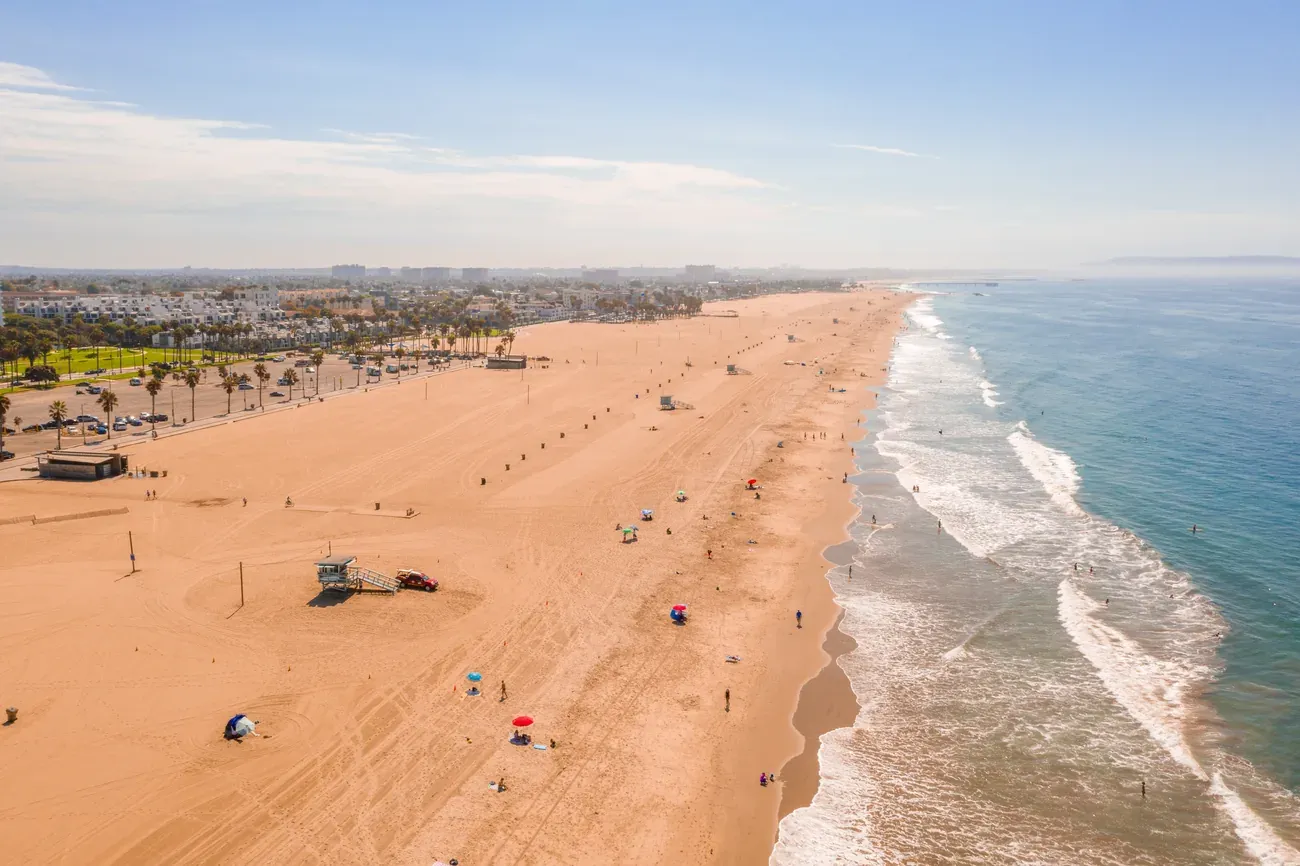 Aerial view of Venice Beach and the Pacific shoreline in Los Angeles