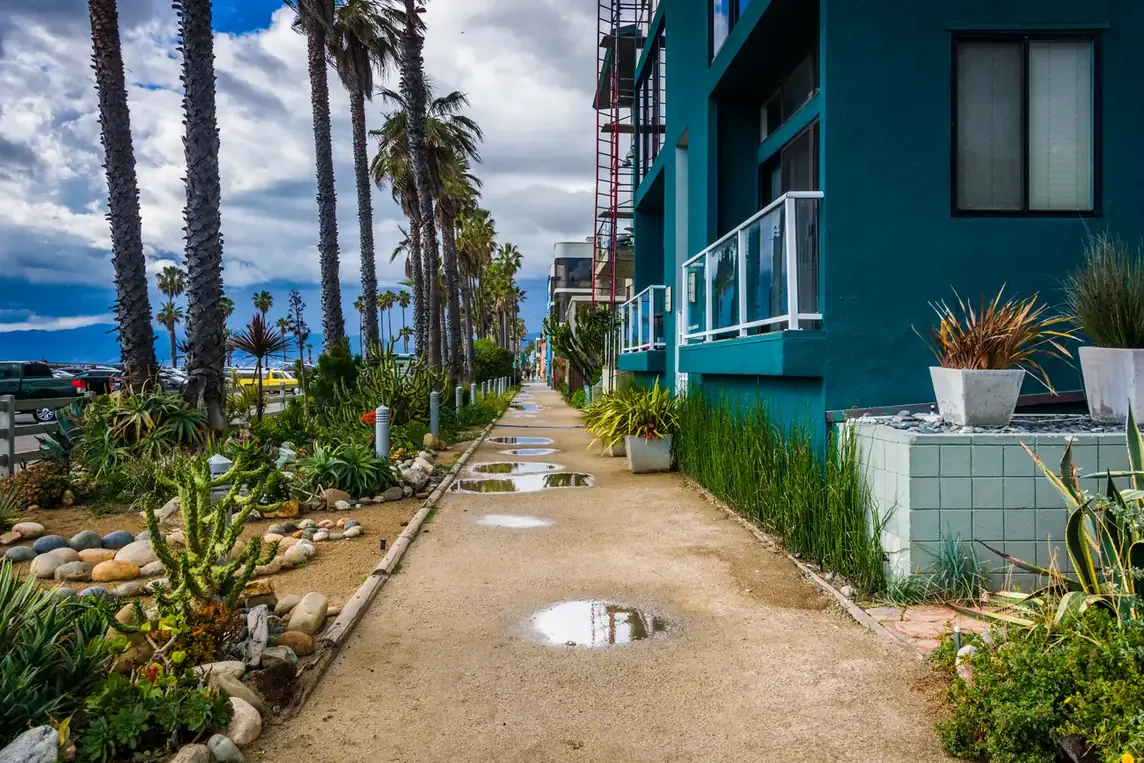 A waterside walkway along the Venice Canals in Los Angeles
