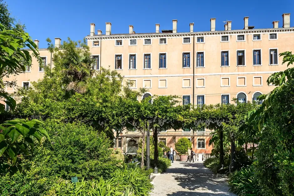 A gravel path and vine pergola in the Giardini Reali gardens with the Procuratie Nuove behind in Venice