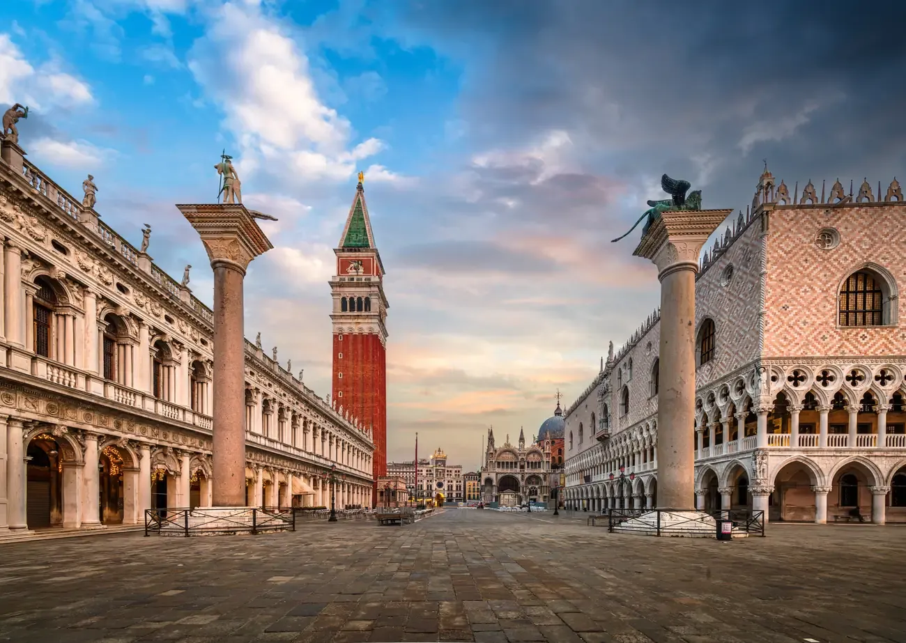 The Piazzetta San Marco with the Doge's Palace and the columns of St Mark and St Theodore in Venice in the morning
