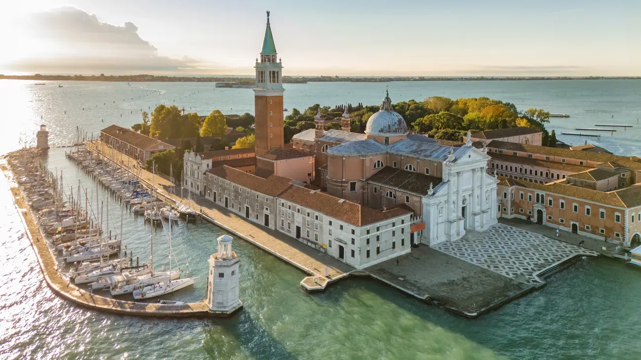 Aerial view of San Giorgio Maggiore island and the Grand Canal in Venice