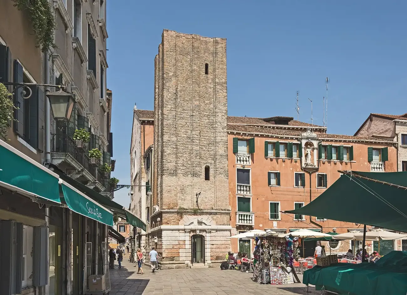 The truncated brick bell tower of the former church of Santa Margherita beside Campo Santa Margherita in Venice
