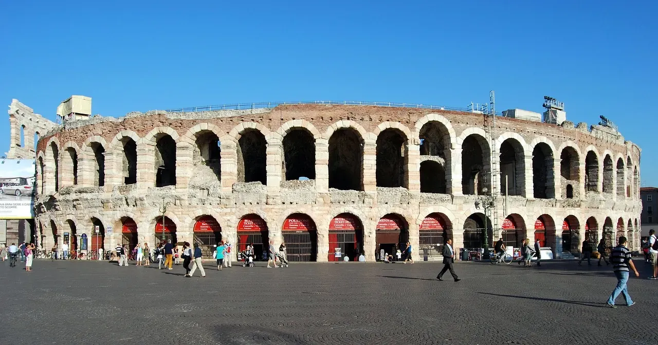 The Roman amphitheatre of the Verona Arena and its arcades seen from Piazza Bra in Verona