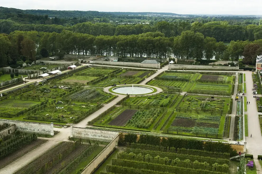 Aerial view of the geometric fruit and vegetable beds of the Potager du Roi in Versailles