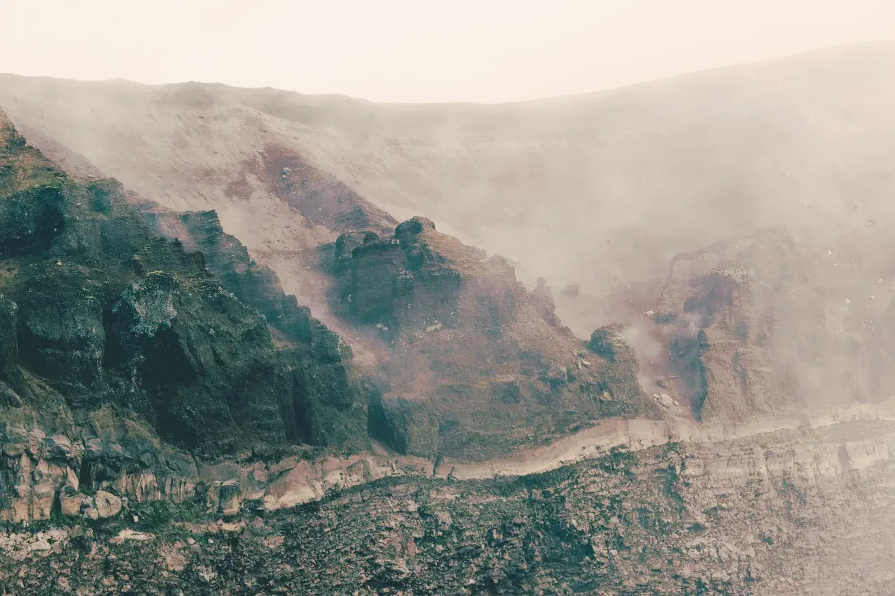The crater rim path of Mount Vesuvius in the mist