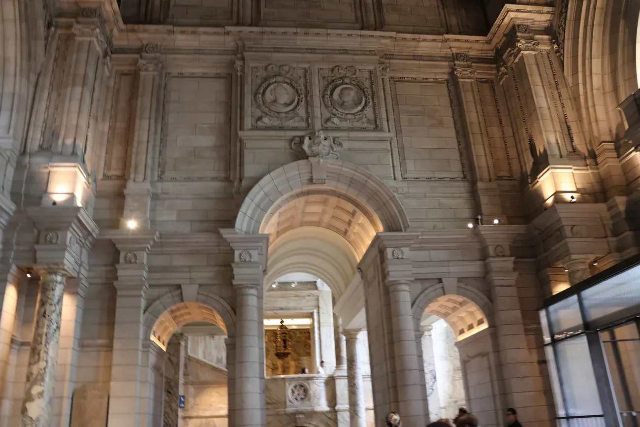 Carved stone arches and galleries inside the Victoria and Albert Museum in South Kensington, London