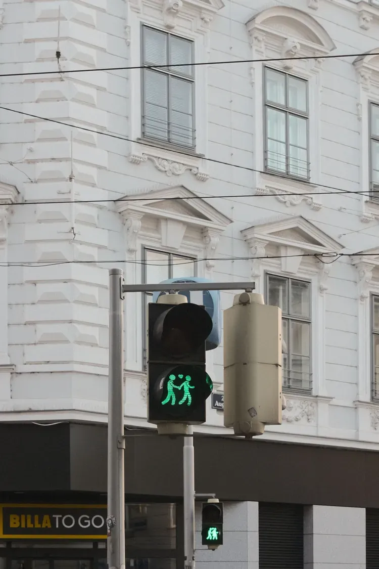 Vienna's Ampelparchen pedestrian traffic light showing a same-sex couple signal