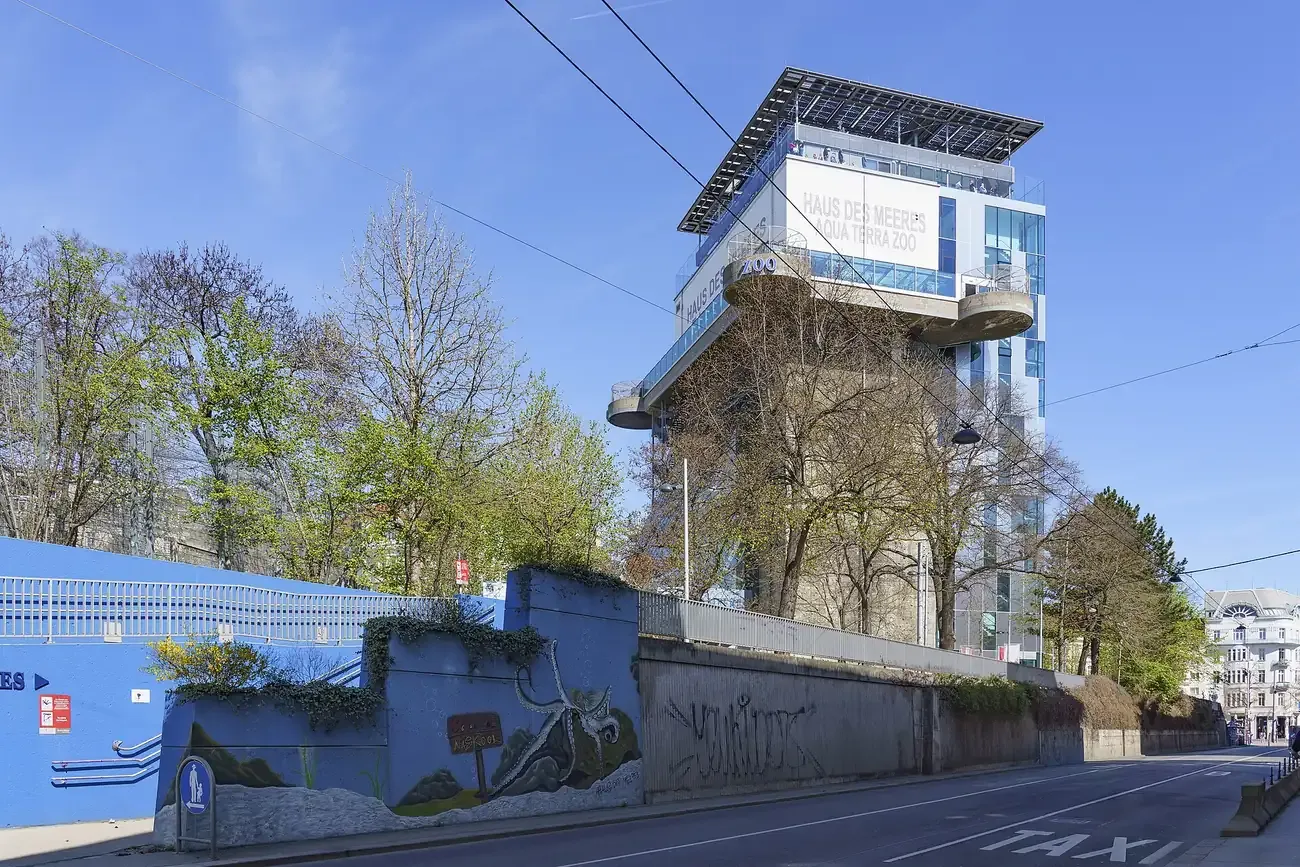 The wartime flak tower that now houses the Haus des Meeres aquarium in Vienna
