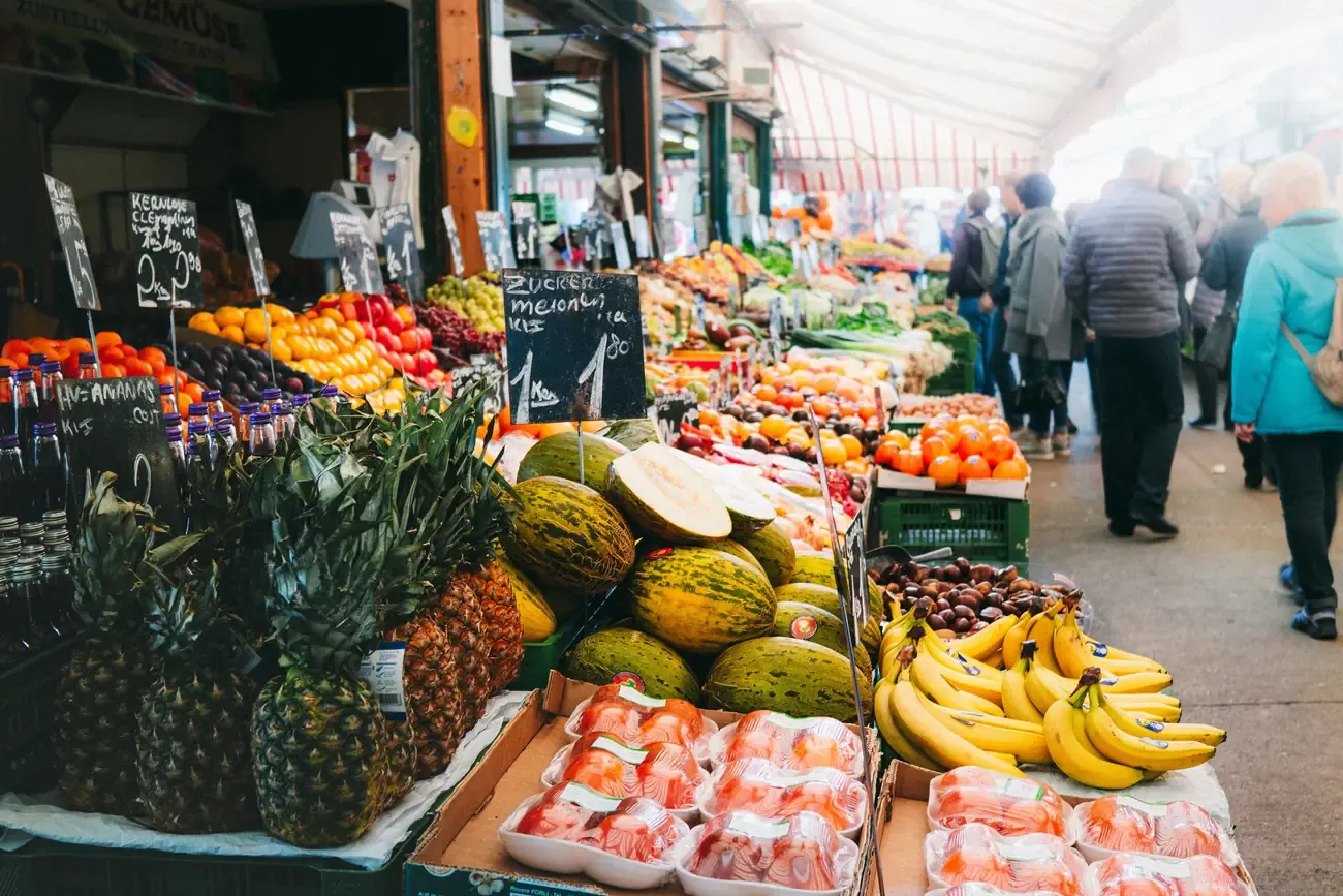 A fruit and vegetable stall at the Naschmarkt market in Vienna
