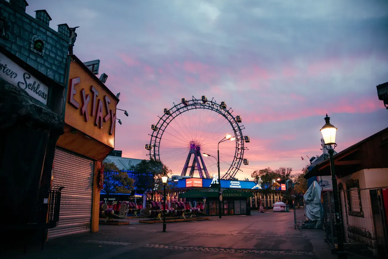 The Wiener Riesenrad giant Ferris wheel at the Prater at sunset in Vienna