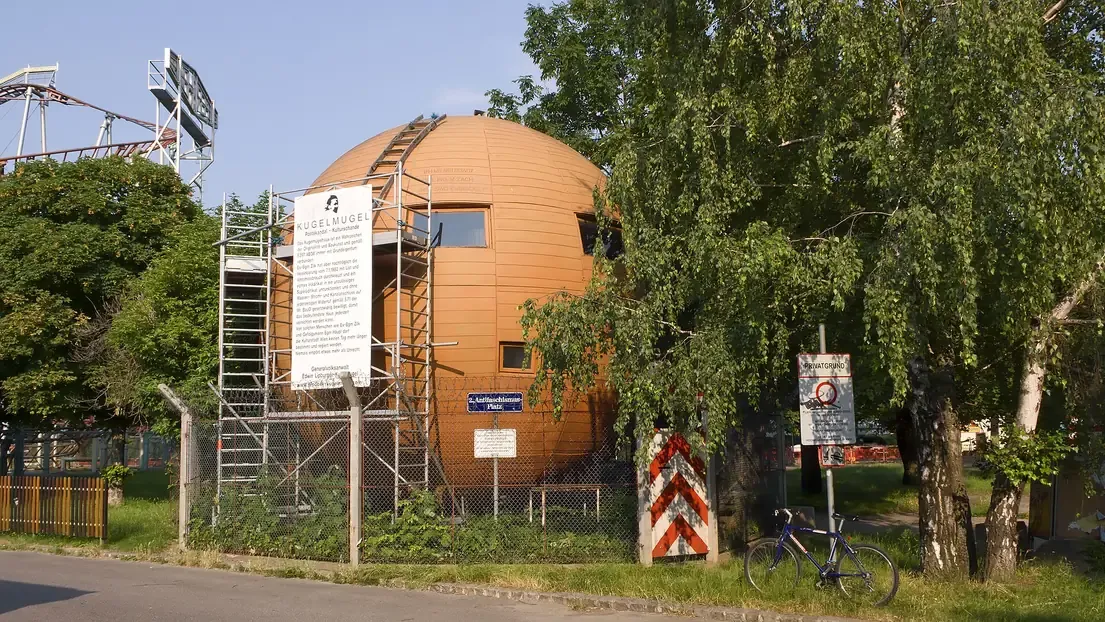 The spherical timber house of the self-declared Republic of Kugelmugel in Vienna's Prater