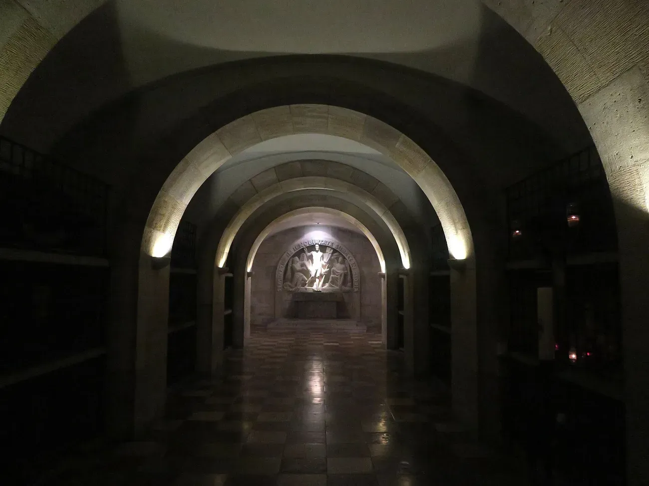 A vaulted corridor inside the catacombs beneath Stephansdom in Vienna