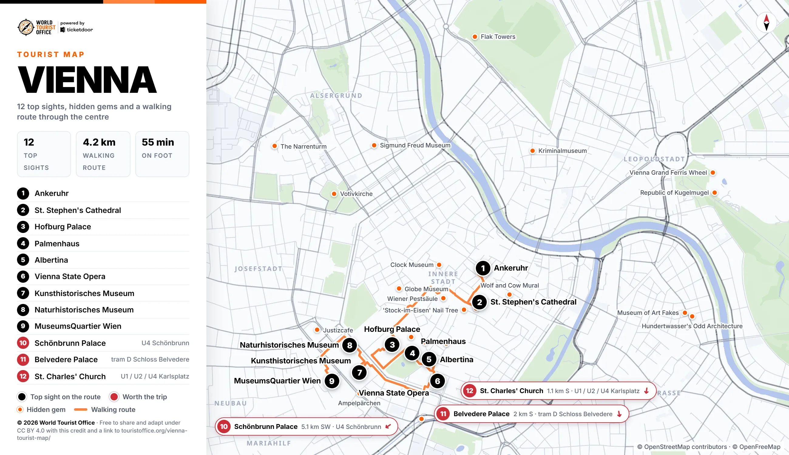 Vienna tourist map with 12 numbered top sights, hidden gems and a walking route