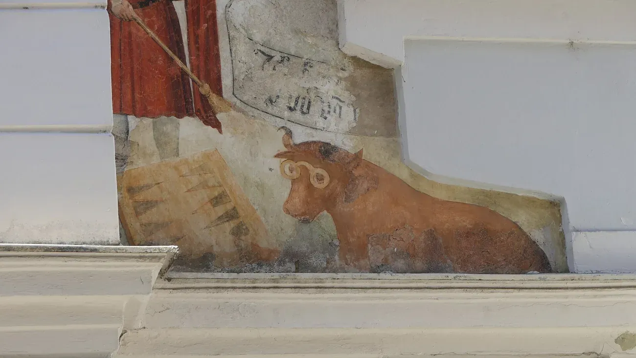 Detail of the painted cow and backgammon board from the 16th-century house fresco on Backerstrasse in Vienna