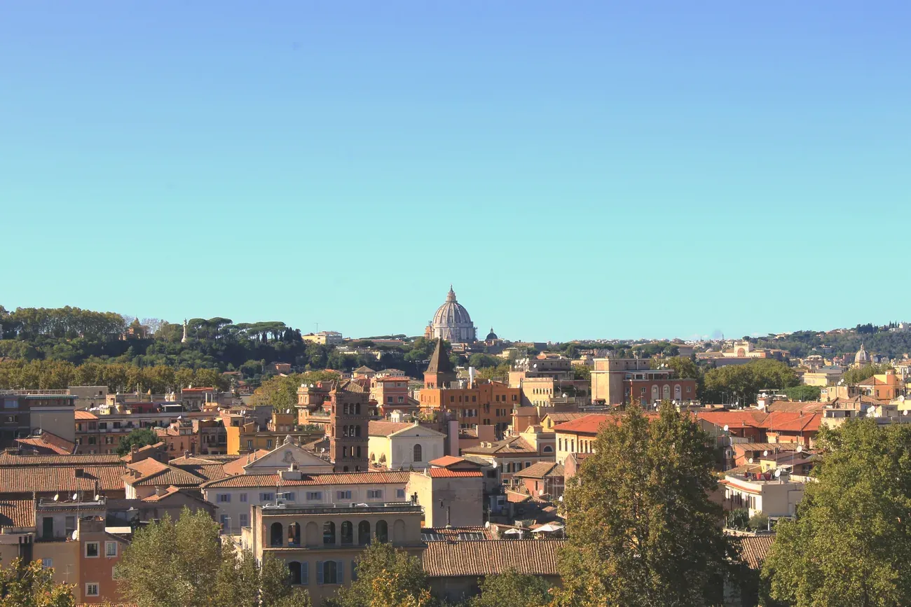 The view over Rome toward St. Peter's dome from the Giardino degli Aranci