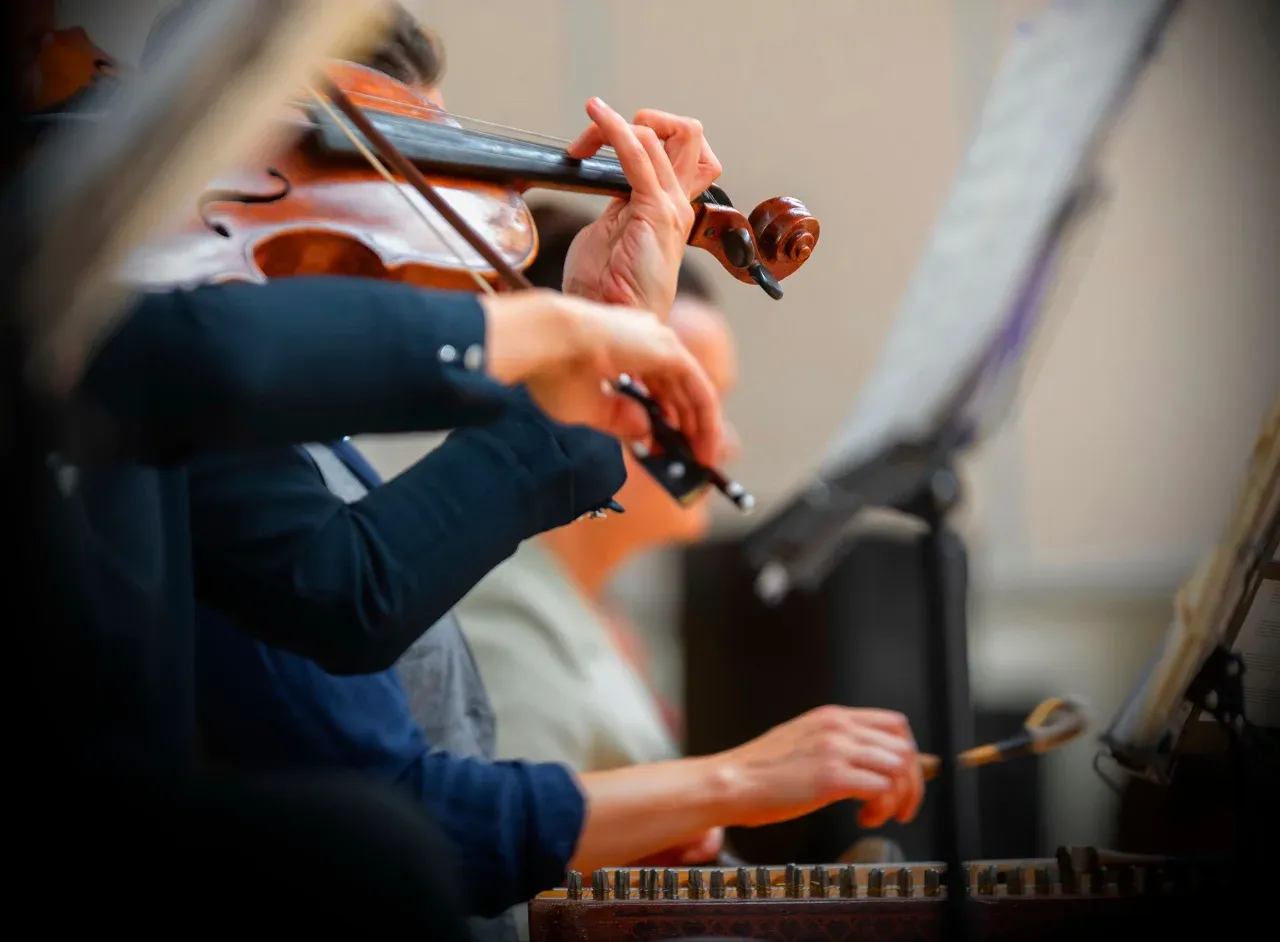 Musicians playing violins close up