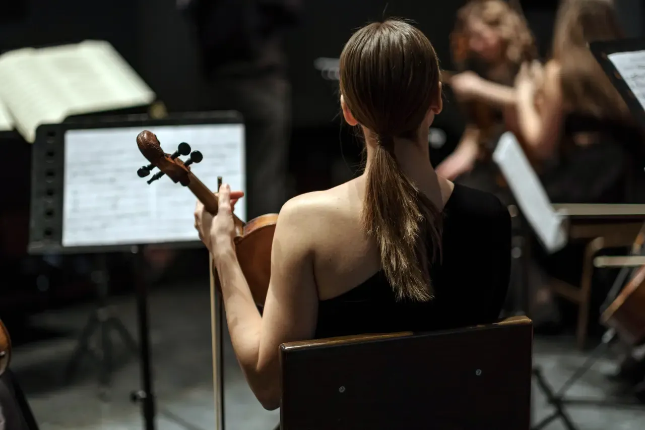 A violist from behind in an orchestra