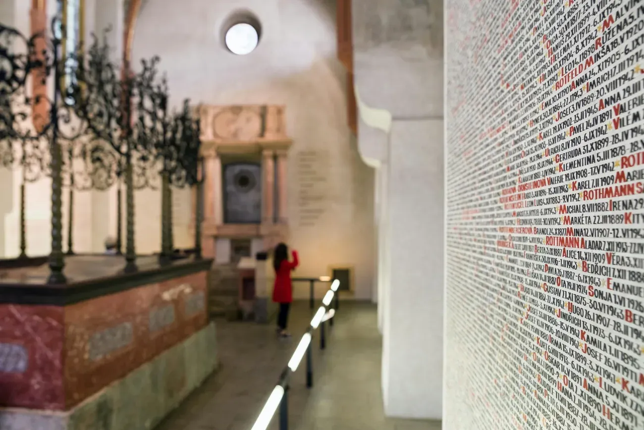 The wall inscribed with victims names inside the Pinkas Synagogue in Prague