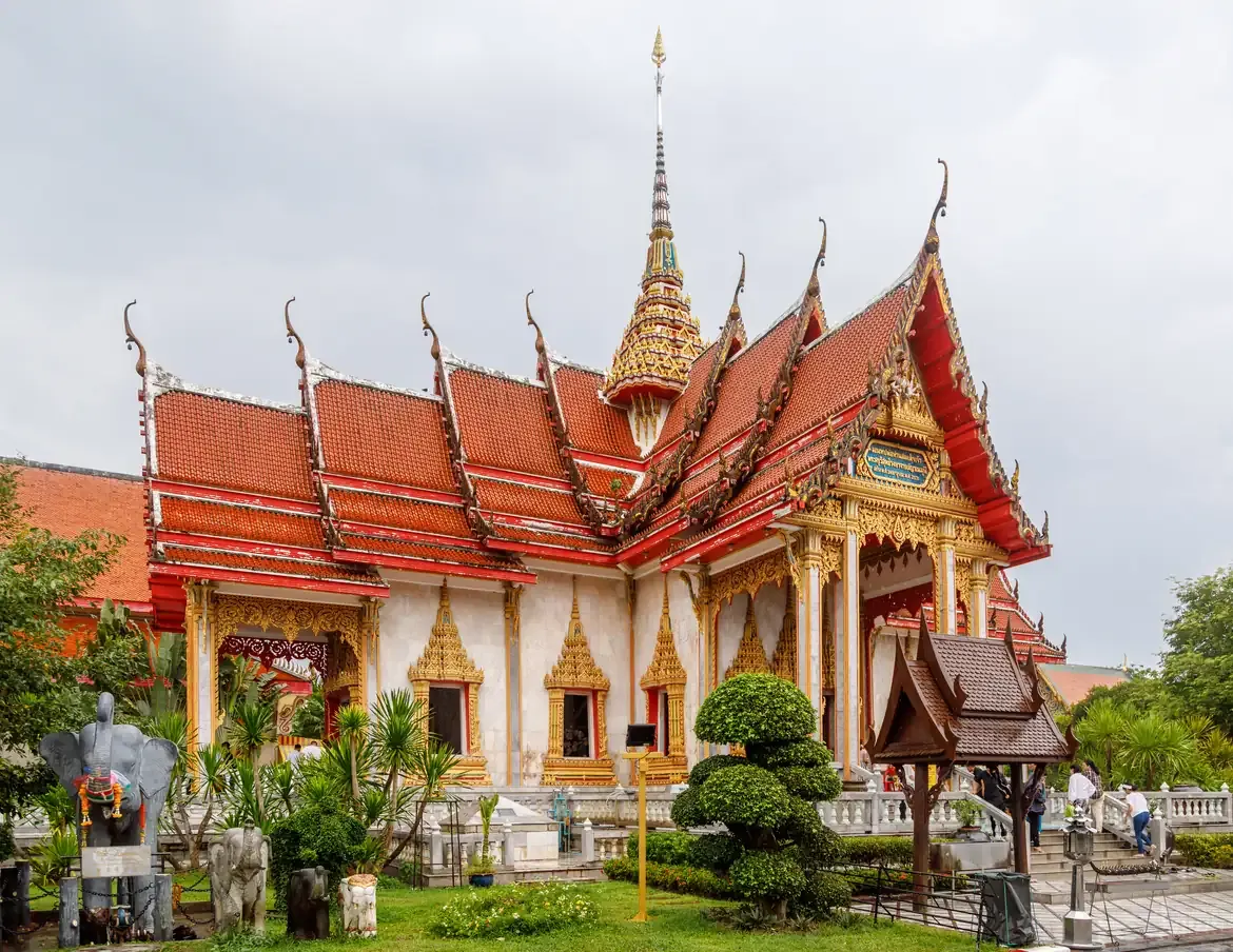 The ornate red-roofed ordination hall of Wat Chalong, Phuket