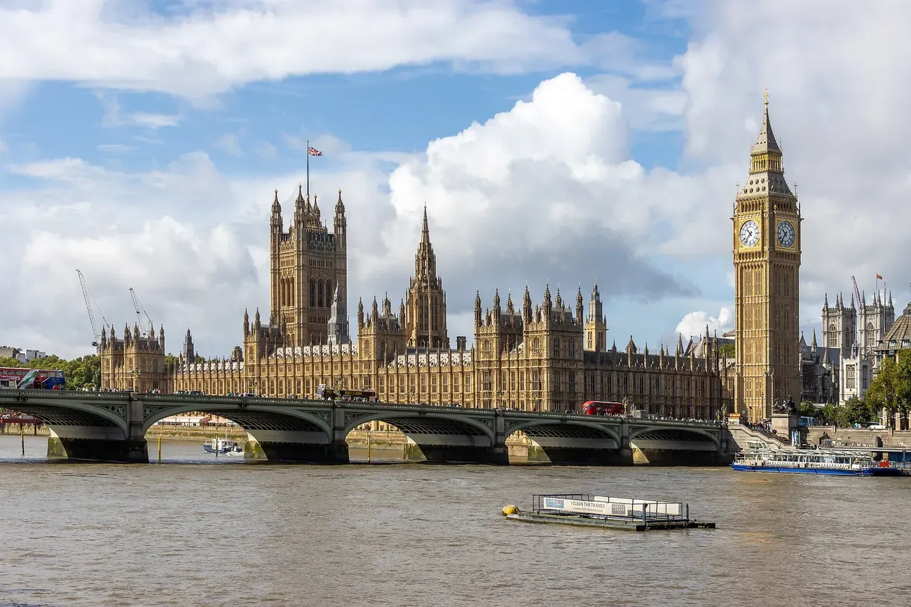 Westminster Bridge and the Palace of Westminster with the Elizabeth Tower across the Thames, London