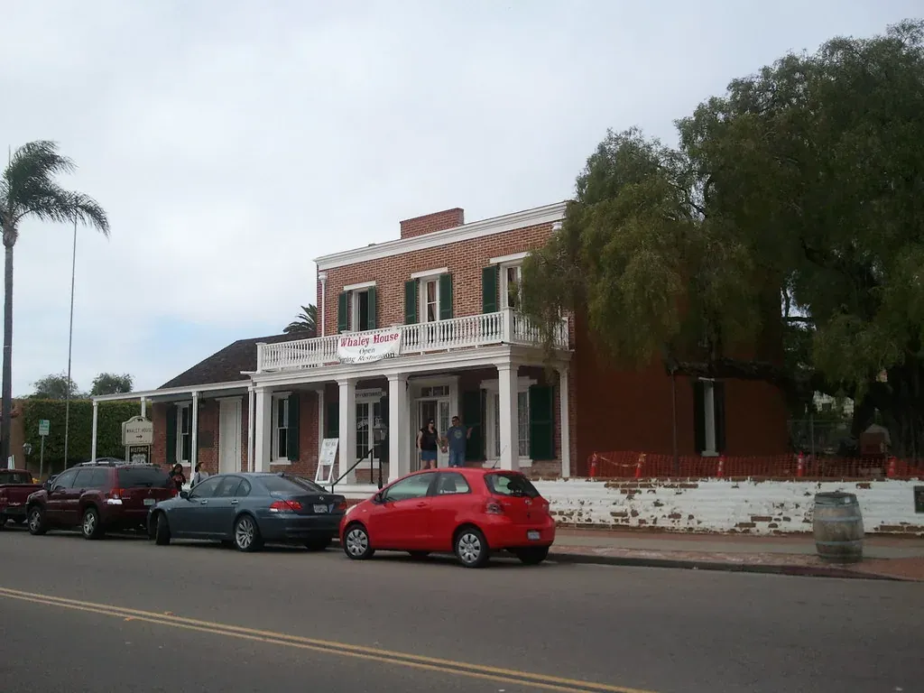 The brick Greek Revival Whaley House museum in Old Town San Diego