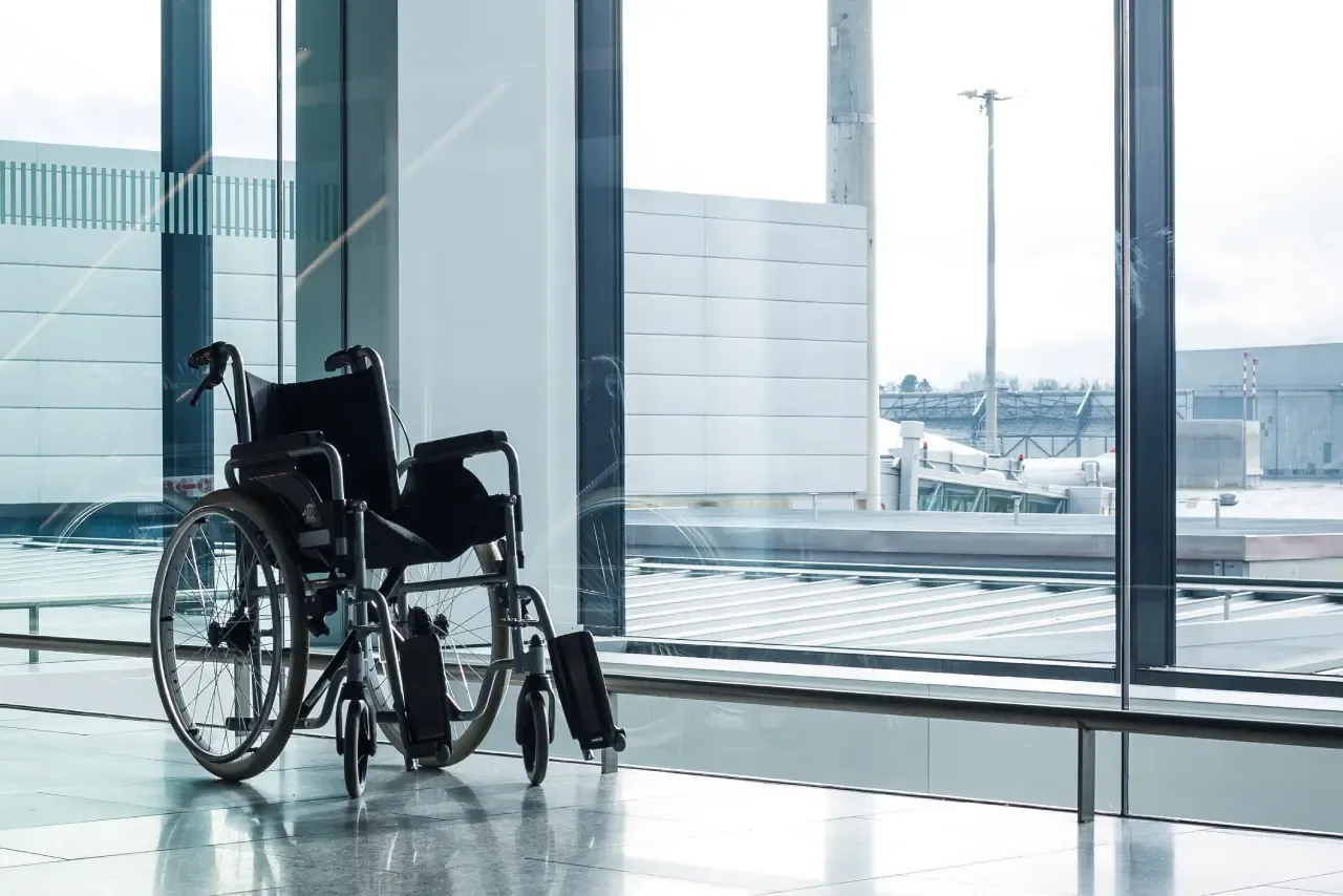 A wheelchair at an airport