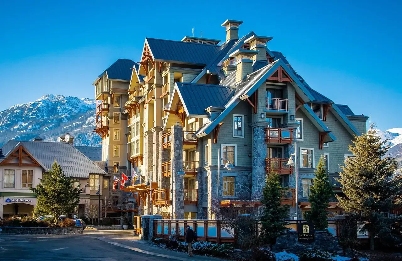 Village buildings below the Coast Mountains at Whistler, British Columbia