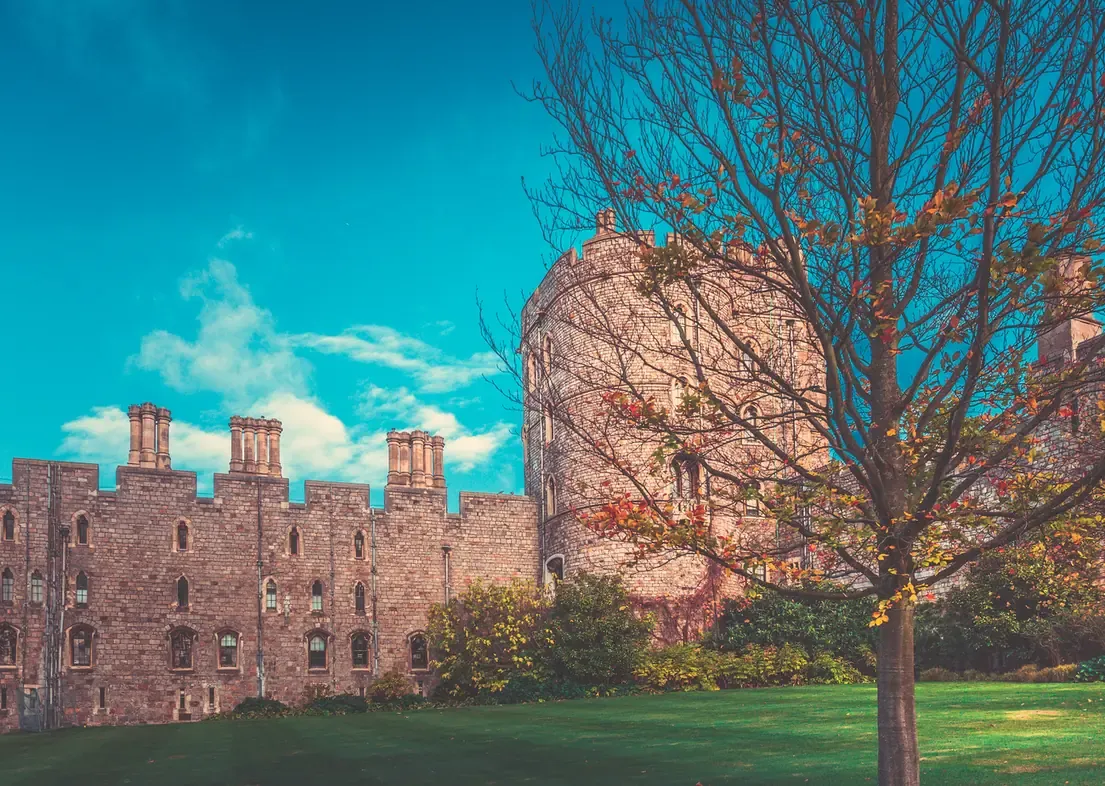 The crenellated curtain wall and Round Tower of Windsor Castle, England